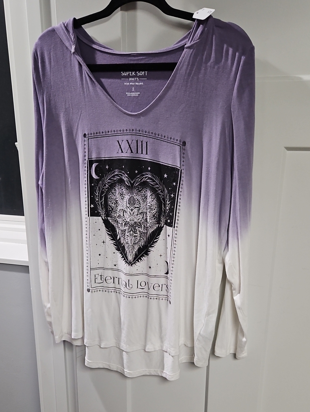 Women's Lavender to White Ombre Hooded Long Sleeve Tee - Eternal Lovers Graphic